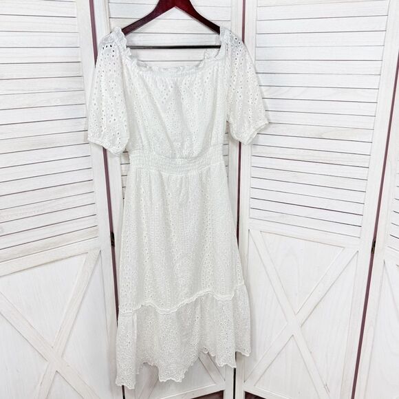 Betsey Johnson Eyelet Off The Shoulder Smocked Waist Midi Dress White Large - Picture 9 of 14